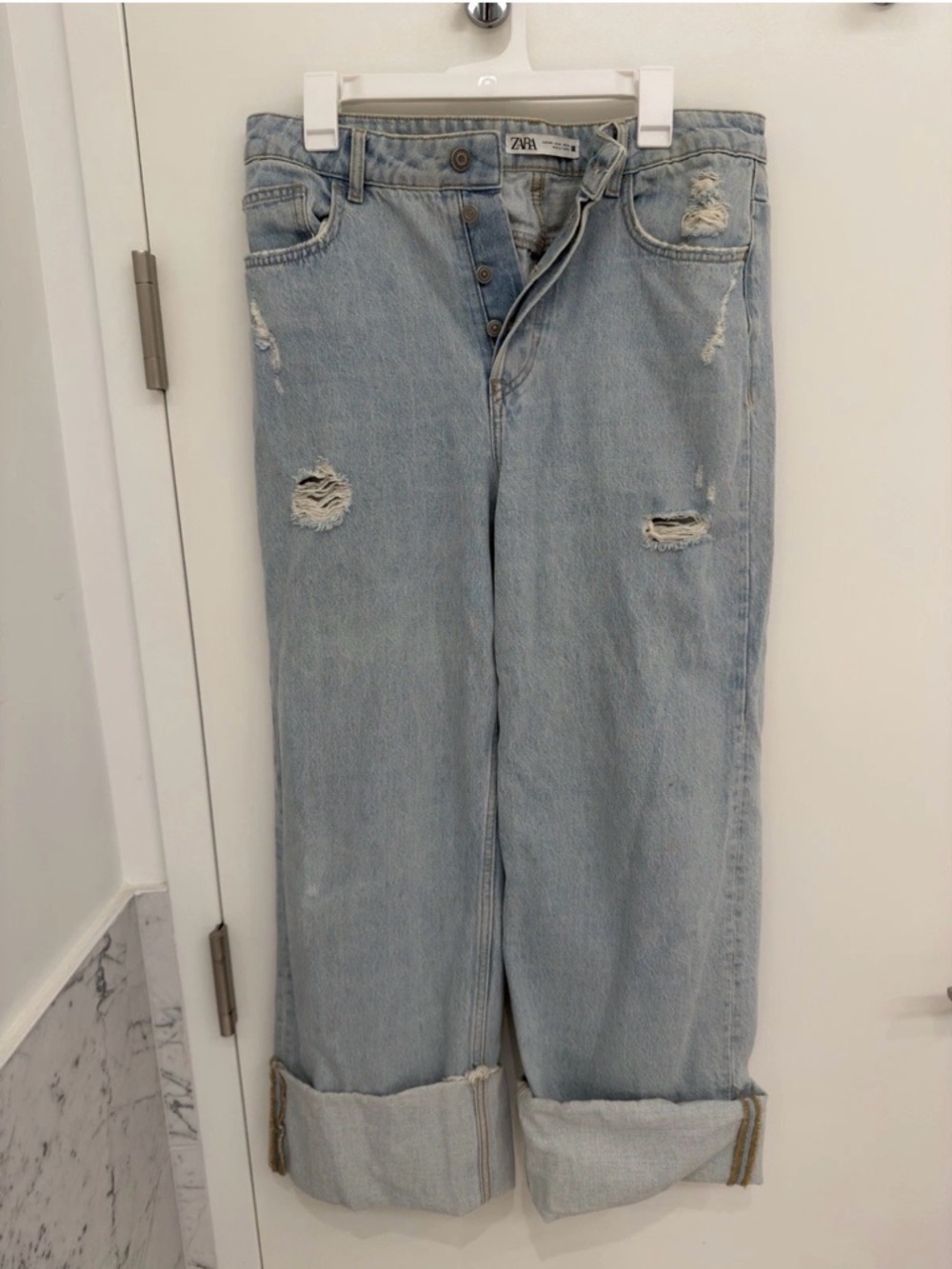 Zara Light Wash Distressed Boyfriend Wide Leg Jeans